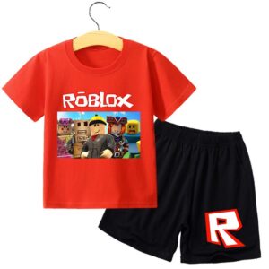 2025 MINISO Roblox Barnkläder Byxdress Tecknad Anime T-shirt Set Sommar Kortärmad T-shirt Shorts Barn Sportkläder Utomhuskläder Kläder 100 vit