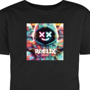 Barn-T-shirt | Bekväm T-shirt för Barn Svart 9-11 År Neonfärgad Roblox hoodie-figur med lysande effekter och energifylld bakgrund, modern gaming-illus