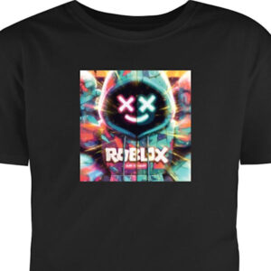 Barn T-shirt Neonfärgad Roblox hoodie-figur med lysande effekter och energifylld bakgrund, modern gaming-illustration i stark färgpalett