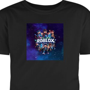 Barn T-shirt Roblox gamingdesign med avatarer, galaxbakgrund i blått och lila toner, populär Roblox-stil, episk cartoon-look perfekt för spelentusias