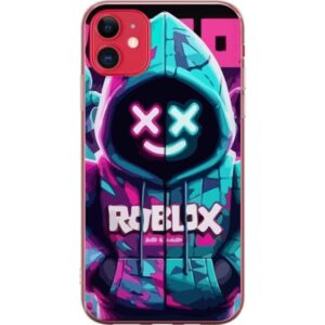 Kompatibelt Mobilskal till Apple iPhone 11 Roblox neonlyssna huvtröja i närbild med intensiv närbild på utklädd karaktär i rosa och blått neonljus, v
