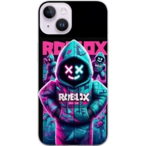 Kompatibelt Mobilskal till Apple iPhone 14 Plus Roblox Hoodie Legend Mystisk Robloxfigur i blå hoodie med futuristiskt neonljus