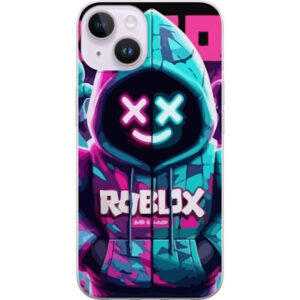 Kompatibelt Mobilskal till Apple iPhone 15 Roblox neonlyssna huvtröja i närbild med intensiv närbild på utklädd karaktär i rosa och blått neonljus, v