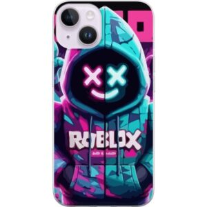 Kompatibelt Mobilskal till Apple iPhone 15 Roblox neonlyssna huvtröja i närbild med intensiv närbild på utklädd karaktär i rosa och blått neonljus, v