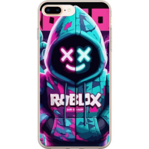 Kompatibelt Mobilskal till Apple iPhone 7 Plus Roblox neonlyssna huvtröja i närbild med intensiv närbild på utklädd karaktär i rosa och blått neonlju