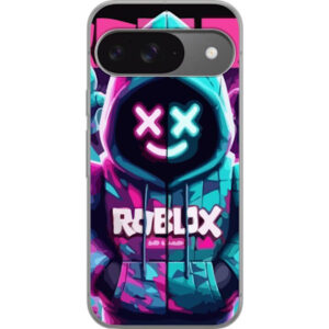 Kompatibelt Mobilskal till Google Pixel 9 Pro Roblox neonlyssna huvtröja i närbild med intensiv närbild på utklädd karaktär i rosa och blått neonljus