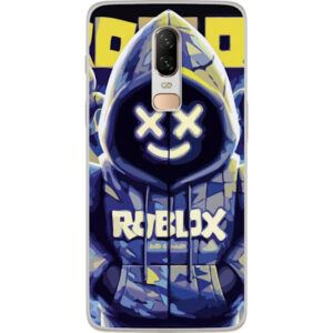 Kompatibelt Mobilskal till OnePlus 6 Blå-gul Roblox huvtröja-figur med minimalistisk neonstil och meshansikte, modern spelillustration för speldekora