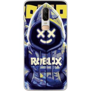 Kompatibelt Mobilskal till OnePlus 6 Blå-gul Roblox huvtröja-figur med minimalistisk neonstil och meshansikte, modern spelillustration för speldekora
