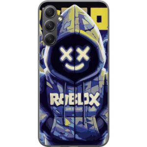 Kompatibelt Mobilskal till Samsung Galaxy A16 5G Blå-gul Roblox huvtröja-figur med minimalistisk neonstil och meshansikte, modern spelillustration fö