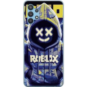 Kompatibelt Mobilskal till Samsung Galaxy A32 5G Blå-gul Roblox huvtröja-figur med minimalistisk neonstil och meshansikte, modern spelillustration fö
