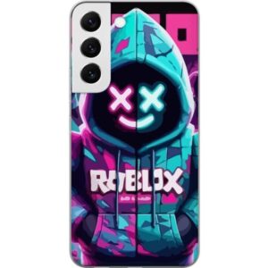 Kompatibelt Mobilskal till Samsung Galaxy S22 5G Roblox neonlyssna huvtröja i närbild med intensiv närbild på utklädd karaktär i rosa och blått neonl
