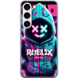 Kompatibelt Mobilskal till Samsung Galaxy S23 Roblox neonlyssna huvtröja i närbild med intensiv närbild på utklädd karaktär i rosa och blått neonljus