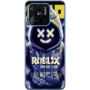 Kompatibelt Mobilskal till Xiaomi Redmi 10C Blå-gul Roblox huvtröja-figur med minimalistisk neonstil och meshansikte, modern spelillustration för spe