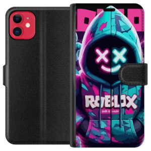 Kompatibelt Plånboksfodral till Apple iPhone 11 Roblox neonlyssna huvtröja i närbild med intensiv närbild på utklädd karaktär i rosa och blått neonlj