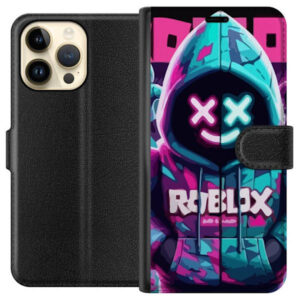 Kompatibelt Plånboksfodral till Apple iPhone 14 Pro Max Roblox neonlyssna huvtröja i närbild med intensiv närbild på utklädd karaktär i rosa och blåt
