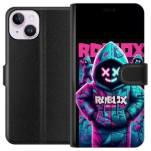 Kompatibelt Plånboksfodral till Apple iPhone 15 Roblox Hoodie Legend Mystisk Robloxfigur i blå hoodie med futuristiskt neonljus