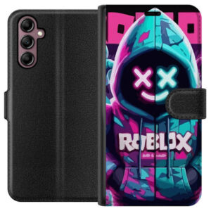 Kompatibelt Plånboksfodral till Samsung Galaxy A14 5G Roblox neonlyssna huvtröja i närbild med intensiv närbild på utklädd karaktär i rosa och blått