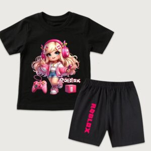 Mode Tecknad Roblox Flickor Söt Tryckt Barn T-shirt och Shorts 2-delat Set Sommar Avslappnad Outfit för Pojkar och Flickor Barnkläder 120