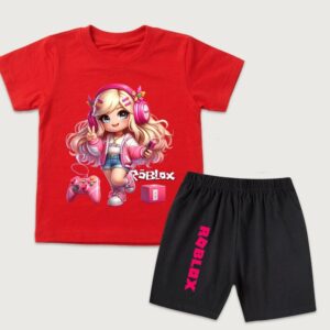 Mode Tecknad Roblox Flickor Söt Tryckt Barn T-shirt och Shorts 2-delat Set Sommar Avslappnad Outfit för Pojkar och Flickor Barnkläder 130