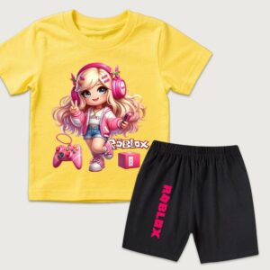 Mode Tecknad Roblox Flickor Söt Tryckt Barn T-shirt och Shorts 2-delat Set Sommar Avslappnad Outfit för Pojkar och Flickor Barnkläder 130 pink