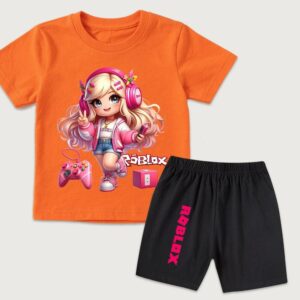 Mode Tecknad Roblox Flickor Söt Tryckt Barn T-shirt och Shorts 2-delat Set Sommar Avslappnad Outfit för Pojkar och Flickor Barnkläder 140