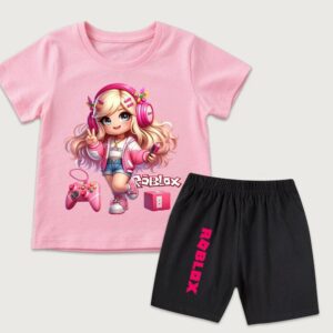 Mode Tecknad Roblox Flickor Söt Tryckt Barn T-shirt och Shorts 2-delat Set Sommar Avslappnad Outfit för Pojkar och Flickor Barnkläder 160 pink