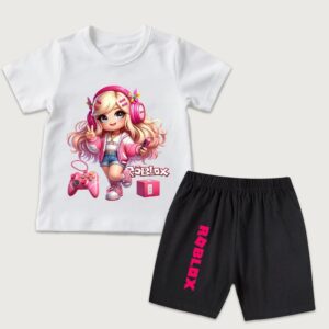 Mode Tecknad Roblox Flickor Söt Tryckt Barn T-shirt och Shorts 2-delat Set Sommar Avslappnad Outfit för Pojkar och Flickor Barnkläder 160 white