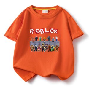 ROBLOX Cartoon Print Children's Cotton Short Sleeve T-Shirt - Summer Round Neck Pullover Top 150 cm orange