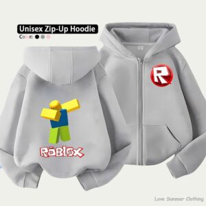 Roblox Kids Zip Hoodie för barn i åldrarna 4-14 Flera mönsteralternativ Unisex Lättviktsjacka med dragkedja HD-tryck Lättburen Sportig och avslappnad stil Polyester 100 gray