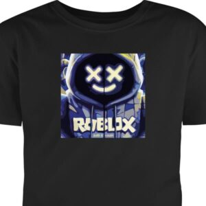 T-shirt för Barn | Klassisk Barn-T-shirt Svart 5-6 År Blå-gul Roblox-inspirerad hoodie-figur med mask och minimalistisk neonstil, stilren spelillustr