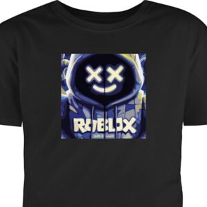 Barn T-shirt Blå-gul Roblox-inspirerad hoodie-figur med mask och minimalistisk neonstil, stilren spelillustration för spelrum, affischer och mobilväs
