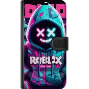 Kompatibelt Plånboksfodral till Samsung Galaxy A56 Roblox neonlyssna huvtröja i närbild med intensiv närbild på utklädd karaktär i rosa och blått neo